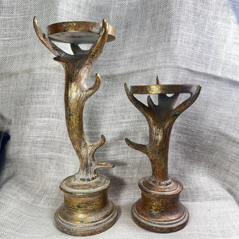 Rustic Faux Antler Candle‎ Holder Set Gold Bronze Distressed Lodge Decor 2 Piece